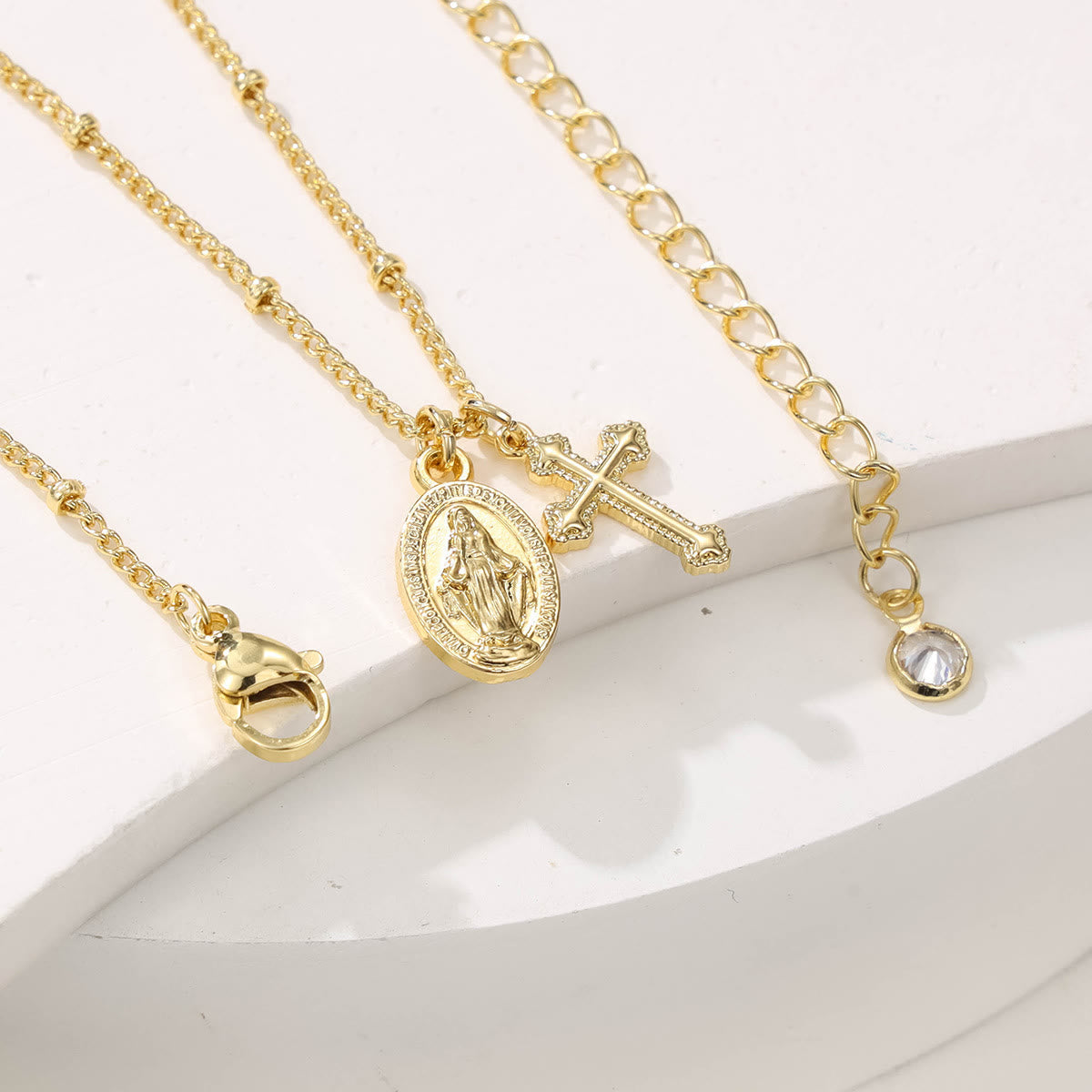 Cross & Our Lady Dual Pendant Necklace