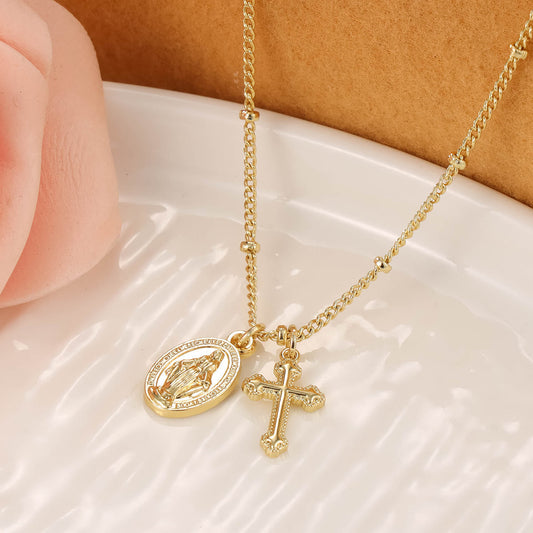 Cross & Our Lady Dual Pendant Necklace