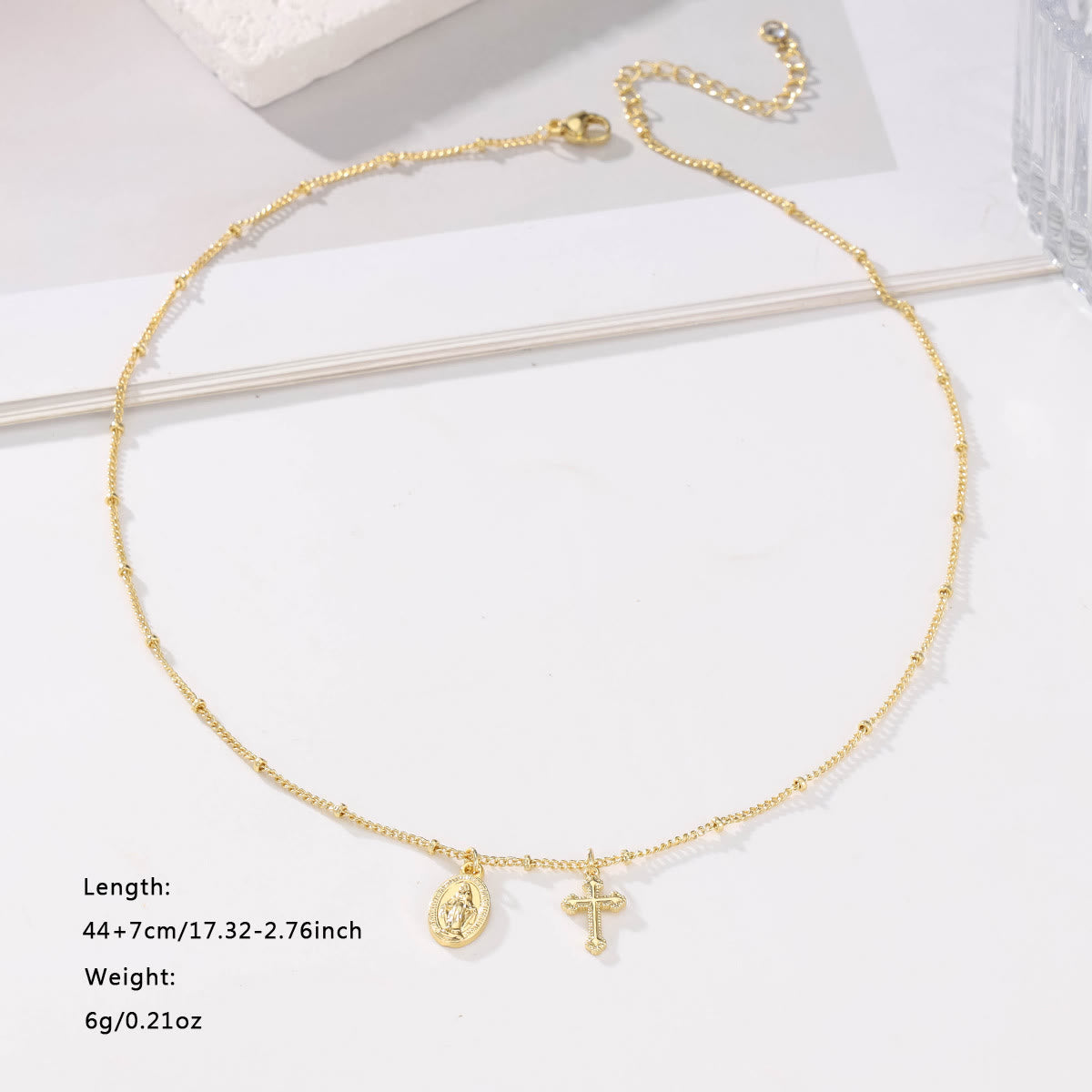 Cross & Our Lady Dual Pendant Necklace