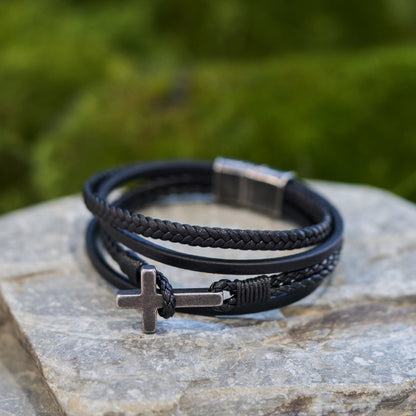 Tri-Color Cross & Leather Bracelet