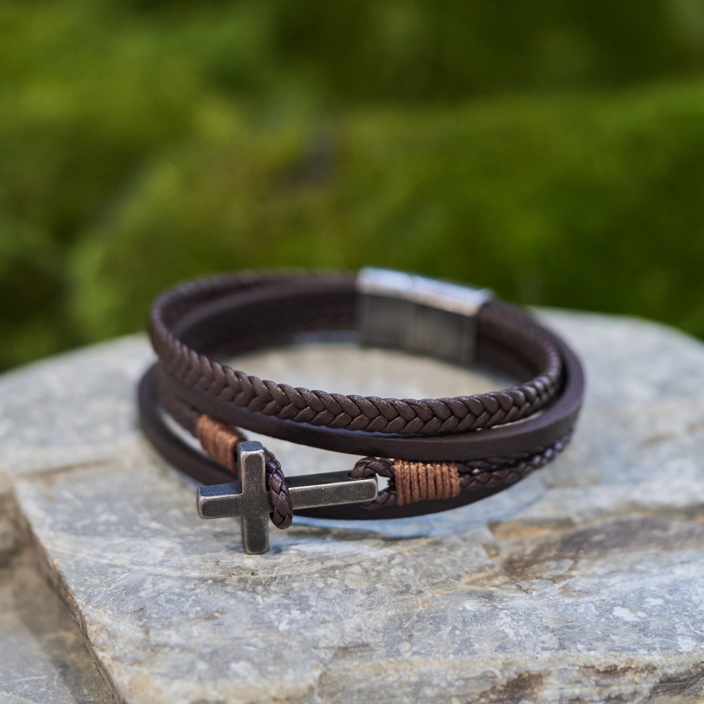 Tri-Color Cross & Leather Bracelet