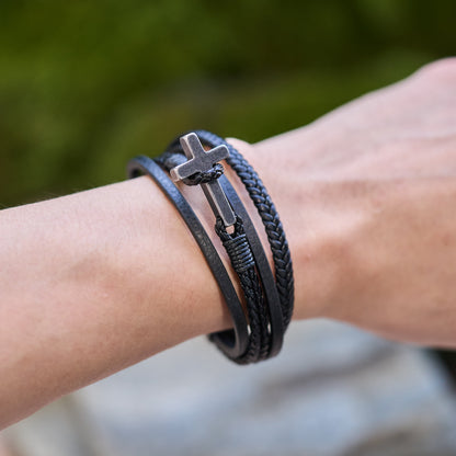 Tri-Color Cross & Leather Bracelet