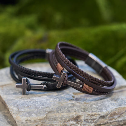 Tri-Color Cross & Leather Bracelet