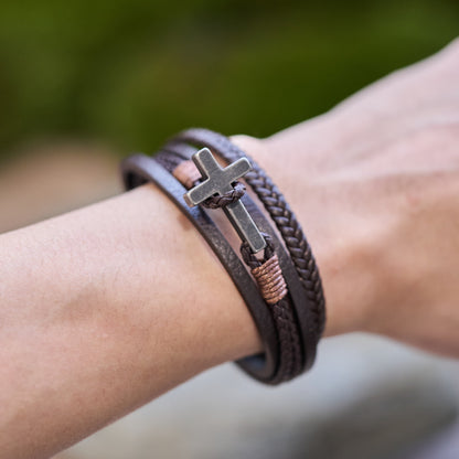 Tri-Color Cross & Leather Bracelet