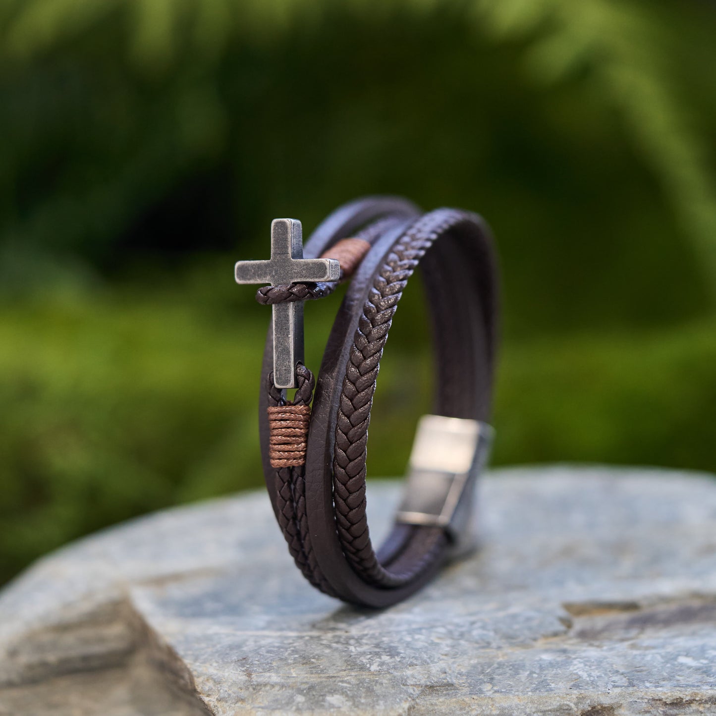 Tri-Color Cross & Leather Bracelet