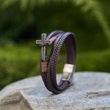 Tri-Color Cross & Leather Bracelet