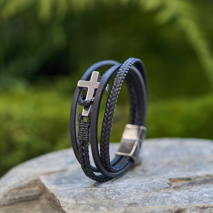 Tri-Color Cross & Leather Bracelet
