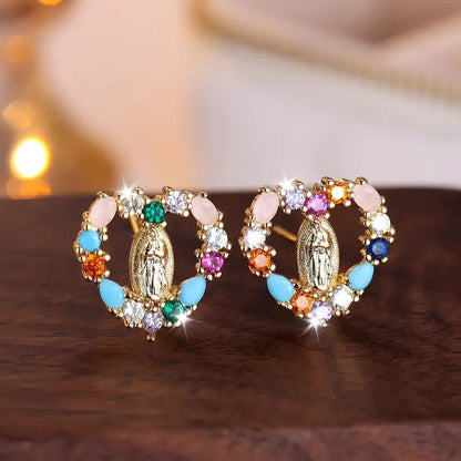 Zircon Our Lady Heart Stud Earrings