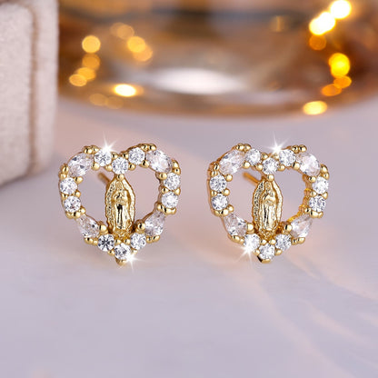Zircon Our Lady Heart Stud Earrings