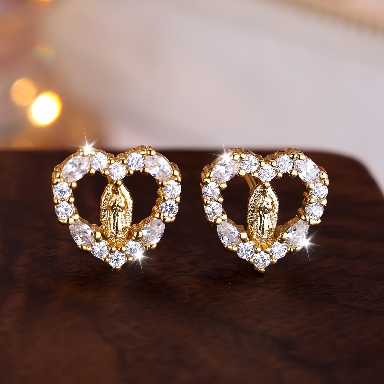 Zircon Our Lady Heart Stud Earrings