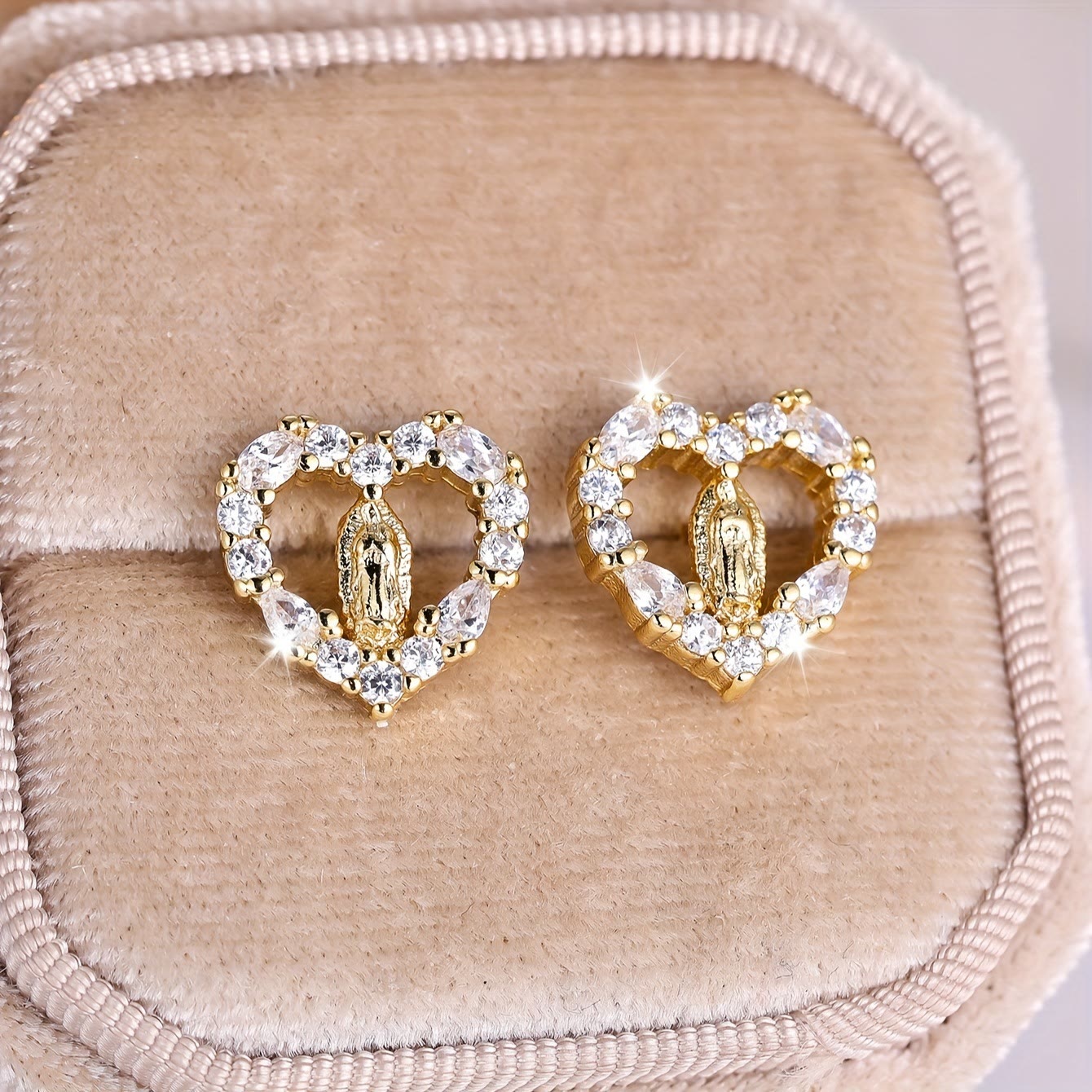 Zircon Our Lady Heart Stud Earrings