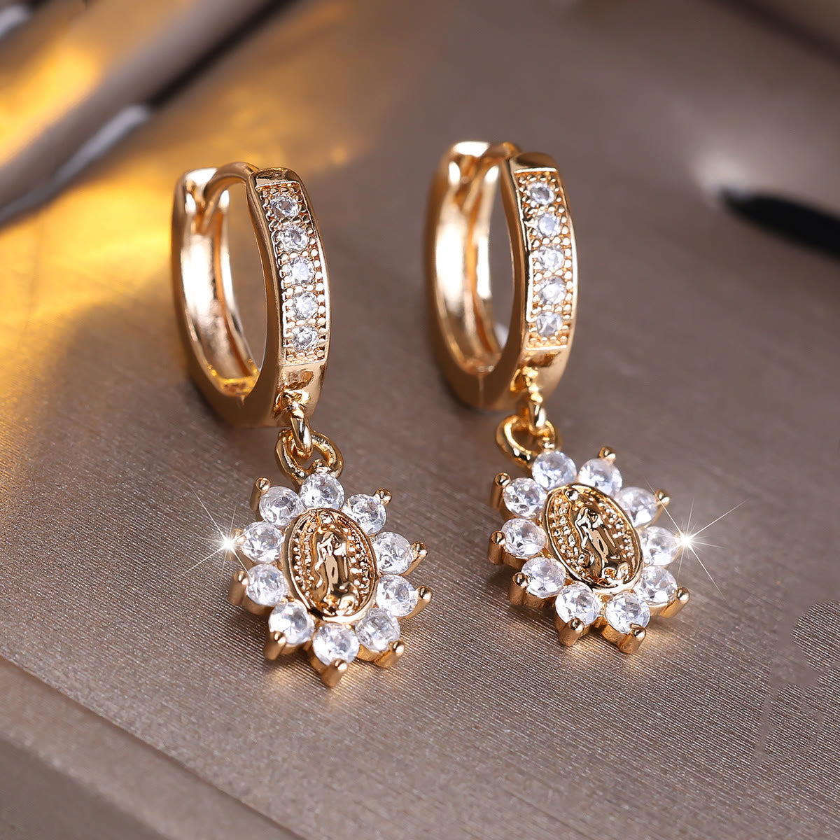 Sunburst Halo Huggie Earrings with Zircon