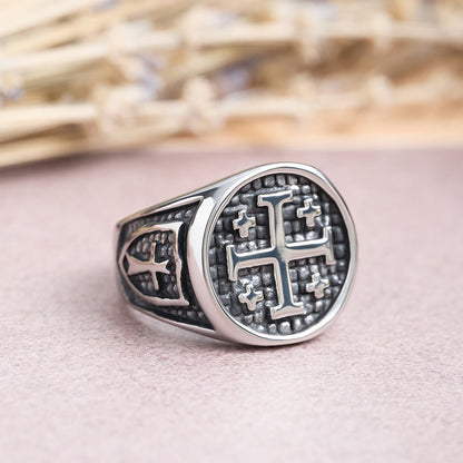 Jerusalem Cross Signet Ring: Round & Square Design Symbolizing Faith's Unity