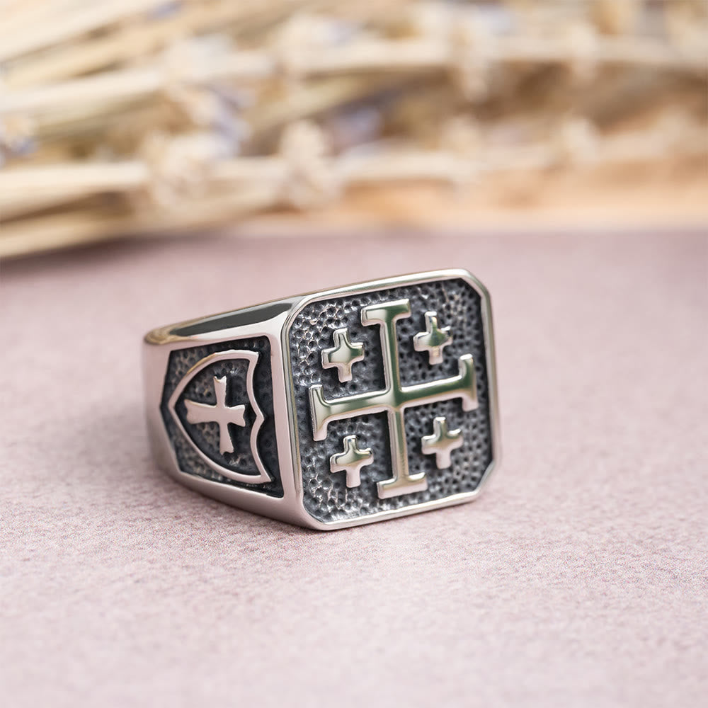 Jerusalem Cross Signet Ring: Round & Square Design Symbolizing Faith's Unity