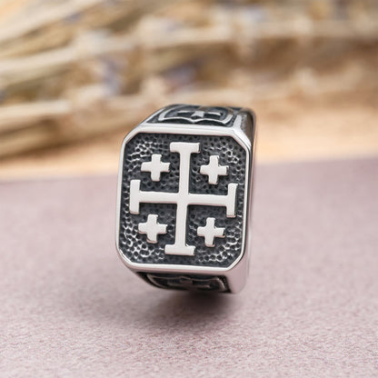 Jerusalem Cross Signet Ring: Round & Square Design Symbolizing Faith's Unity