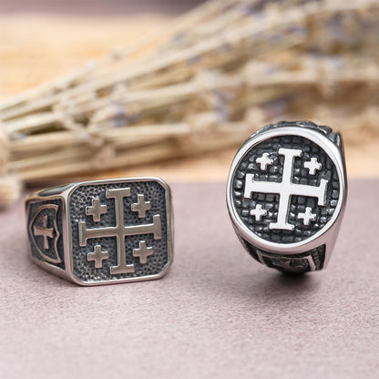 Jerusalem Cross Signet Ring: Round & Square Design Symbolizing Faith's Unity