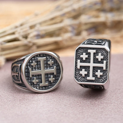 Jerusalem Cross Signet Ring: Round & Square Design Symbolizing Faith's Unity