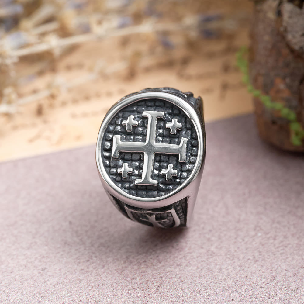 Jerusalem Cross Signet Ring: Round & Square Design Symbolizing Faith's Unity